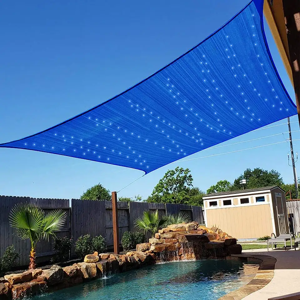 Sun Shade Sail With LED Lights Triangle Outdoor Awning Shade Cover UV Block Backyard Garden