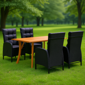 Ensemble de salle à manger 5 pièces en bois d'acacia noir, rotin et acier, mobilier de jardin contemporain résistant aux intempéries - Product Image 2