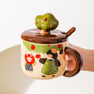 Tasse en céramique rétro motif Fille et Pommier, compatible micro-ondes, design esthétique, pour bureau, eau, café, coffret cadeau - Product Image 4