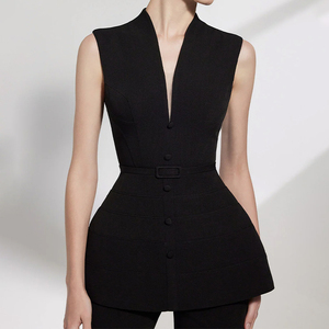 ZYHT 73405 <span class=keywords><strong>Traje</strong></span> Formal de Dos Piezas Negro de Alta Gama para <span class=keywords><strong>Mujer</strong></span>, Hecho a Medida, <span class=keywords><strong>Chaleco</strong></span> sin Mangas <span class=keywords><strong>con</strong></span> Peplum y Pantalones Acampanados, Tops Cortos - Product Image 3