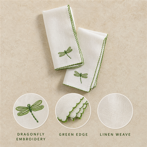 Serviettes en lin personnalisées brodées, serviettes en coton, libellules blanches et vertes, décoration de table, style classique, faites à la main, rectangulaires - Product Image 4
