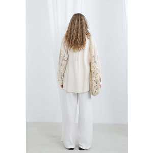Lace Detail Oversize Shirt Women Ecrum Linen Button <b>Down</b> Bohemian Everyday Style - Product Image 2