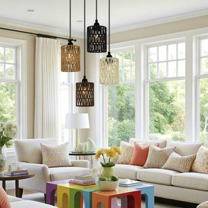 Paper <b>Rope</b> Pendant Lamp Shade Cylinder Multicolor Handmade Woven Eco Friendly <b>Lighting</b> Decoration - Product Image 1