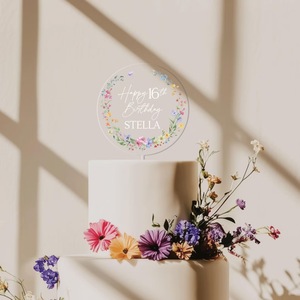 ท็อปเปอร์เค้กอะคริลิคใสลายดอกไม้พิมพ์ UV ขนาด 9 ซม. สำหรับตกแต่งเค้กวันเกิด รูปทรงกลม ลายฮันนี่แอนด์สวีทเนส - Product Image 4