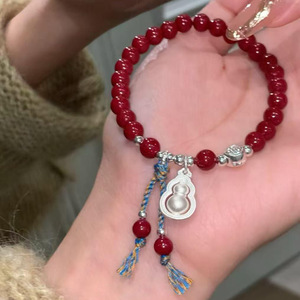 Sterling Silver Gourd Charm <b>Bracelet</b> With Garnet <b>Beads</b> Tassel Design Unisex Gift Jewelry - Product Image 1