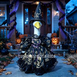 Disfraz de Bruja para Ganso de Porche de Halloween, Vestido con Estampado de Calavera Negro y Dorado de 23 Pulgadas con Sombrero de Bruja para Estatua de Ganso, Decoración Festiva - Product Image 3