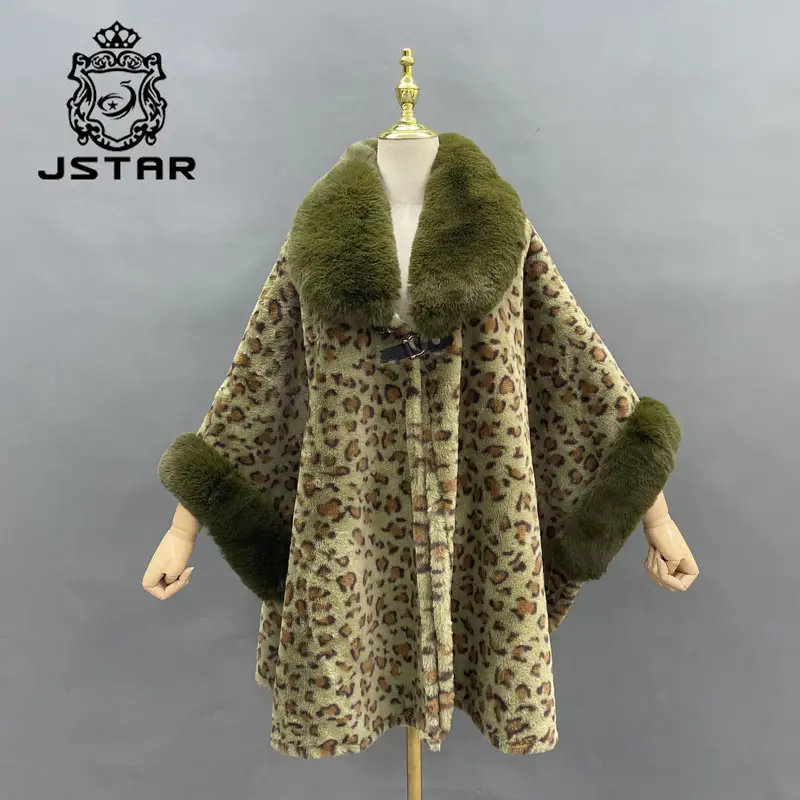 Leopard Pattern Fur Cape Shawl Women Winter Poncho Coat Leather Buckle Shawl Collar Cape