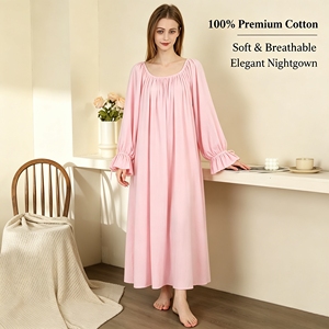 Vente en gros : Robe de nuit longue en coton tricoté pour femme, collection Printemps-Été, couleur unie, col ample, manches longues, style loungewear - Product Image 1