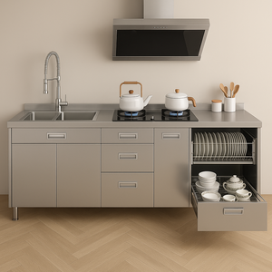 خزانة مطبخ بتصميم مخصص ، خزانة مطبخ حديثة سهلة الاستخدام من الفولاذ المقاوم للصدأ - Product Image 4