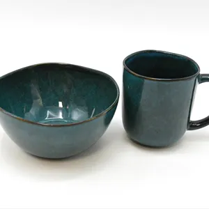 Chinese Style Beauty Reaction Glaze Cup and Bowl Blackish Green Ceramic Tableware Set