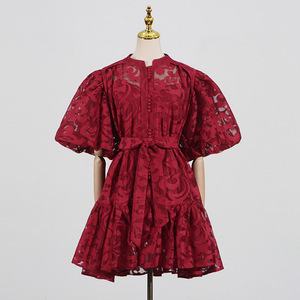 Nouvelle Robe Femme Rétro Imprimée à Boutonnage Simple, Taille Nouée, Manches Lanterne et Dentelle, Tendance - Product Image 2