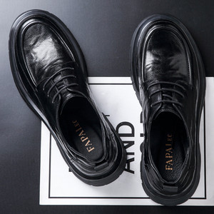 Papa Iec Men's Genuine Leather Oxfords <b>Round</b> <b>Toe</b> Thick Sole Business Casual Dress Shoes Office Career Mid <b>Heel</b> - Product Image 1