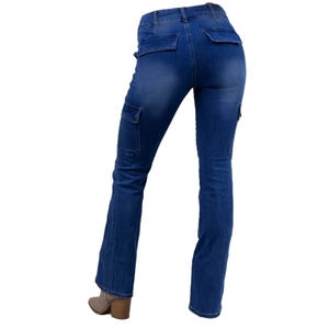 Pantalones de trabajo de mezclilla elásticos para mujer con doble botón en la cintura, múltiples bolsillos y bolsillos laterales con parche, a la moda - Product Image 3