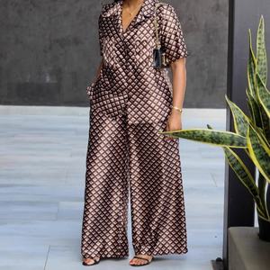 Ensemble africain 2 pièces pour femme : chemise à col tailleur pied-de-poule à manches courtes et pantalon décontracté – Tendance - Product Image 2