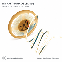Bande LED COB ultra-étroite WISMART 24V 4mm, 480 LED/m, 5m, IP20, flexible, sans points lumineux, 3000K 4000K 6500K pour l'éclairage des armoires