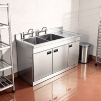 Évier de cuisine commercial double bac en acier inoxydable poli Lubo avec égouttoir intégré, revêtement en poudre de qualité alimentaire 300 kg/m