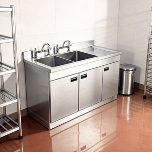 Évier de cuisine commercial double bac en acier inoxydable poli <span class=keywords><strong>Lubo</strong></span> avec égouttoir intégré, revêtement en poudre de qualité alimentaire 300 kg/m - Product Image 2