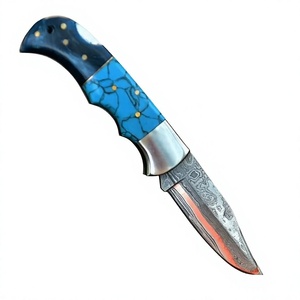 Cuchillo de Caza de Acero de Damasco con Hoja Recta y Mango Azul, Grosor de 0.6mm, Cuchillo Plegable de Bolsillo - Product Image 1