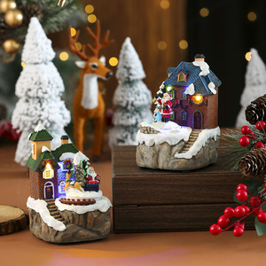 Nouvelle maison de Noël transfrontalière avec scène de neige, en fibre optique LED rotative, boîte à haut-parleur électrique, ornement artisanal en résine - Product Image 2