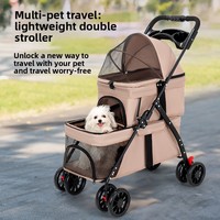 Poussette double pour animaux de compagnie, pliable, légère, à 2 niveaux, à 4 roues, avec cadre en métal solide moderne semi-circulaire, détachable, pour voyages en plein air