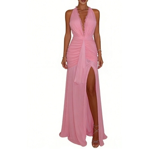 Women's Halter Neck Ruched Tulle Maxi Dress - <b>Tie</b> <b>Back</b> Ruffle Detail Formal Evening Gown Party Dresses Fashion - Product Image 2