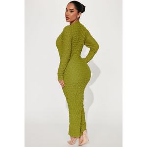 Vestido Casual de Mujer OEM de Alta Calidad, Texturizado, Maxi, de Manga Larga, con Forro Elástico y Cuello Alto Simulado - Product Image 5