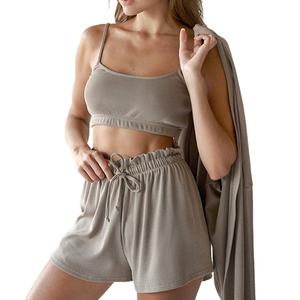 Personnalisation de pyjamas en tricot pour femmes, ensemble short 3 pièces, vêtements de nuit côtelés - Product Image 1