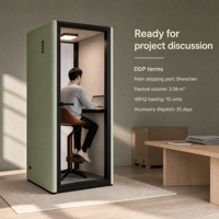 Cabine acoustique insonorisée moderne pour une personne avec porte en verre trempé et éclairage intégré pour bureau, télétravail et bibliothèque