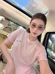 T-shirt à manches courtes col rond rose pour femme, coupe classique, en coton tricoté, couleur unie, décontracté, printemps été, respirant - Product Image 3