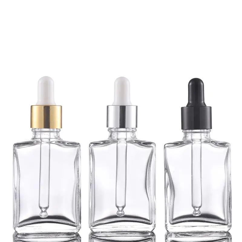 30ml clear Square Glass dropper Bottle manufacturer with gold metal dropper