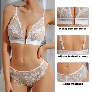 フレンチスタイルプラスサイズのレーストリムシースルーランジェリーセットT字型フロントクロージャースチールフリーブラとひもブラ & ブリーフセット - Product Image 3