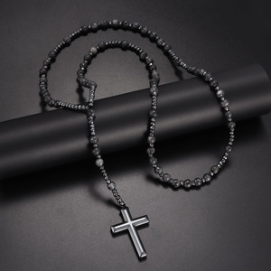 Collier avec pendentif en forme de croix en obsidienne noire mate et pierre œil de tigre - Bijoux de style gothique hip-hop - Product Image 6