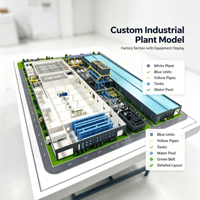 Maquette de section d'usine industrielle moderne en plastique ABS blanc, avec équipements bleus, unités jaunes, tuyauterie jaune et réservoirs d'eau