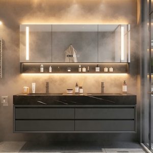 Mobile Bagno Classico con Doppio Lavabo, Specchio LED, Top in Ceramica Effetto Marmo Resistente all'Acqua - Product Image 1