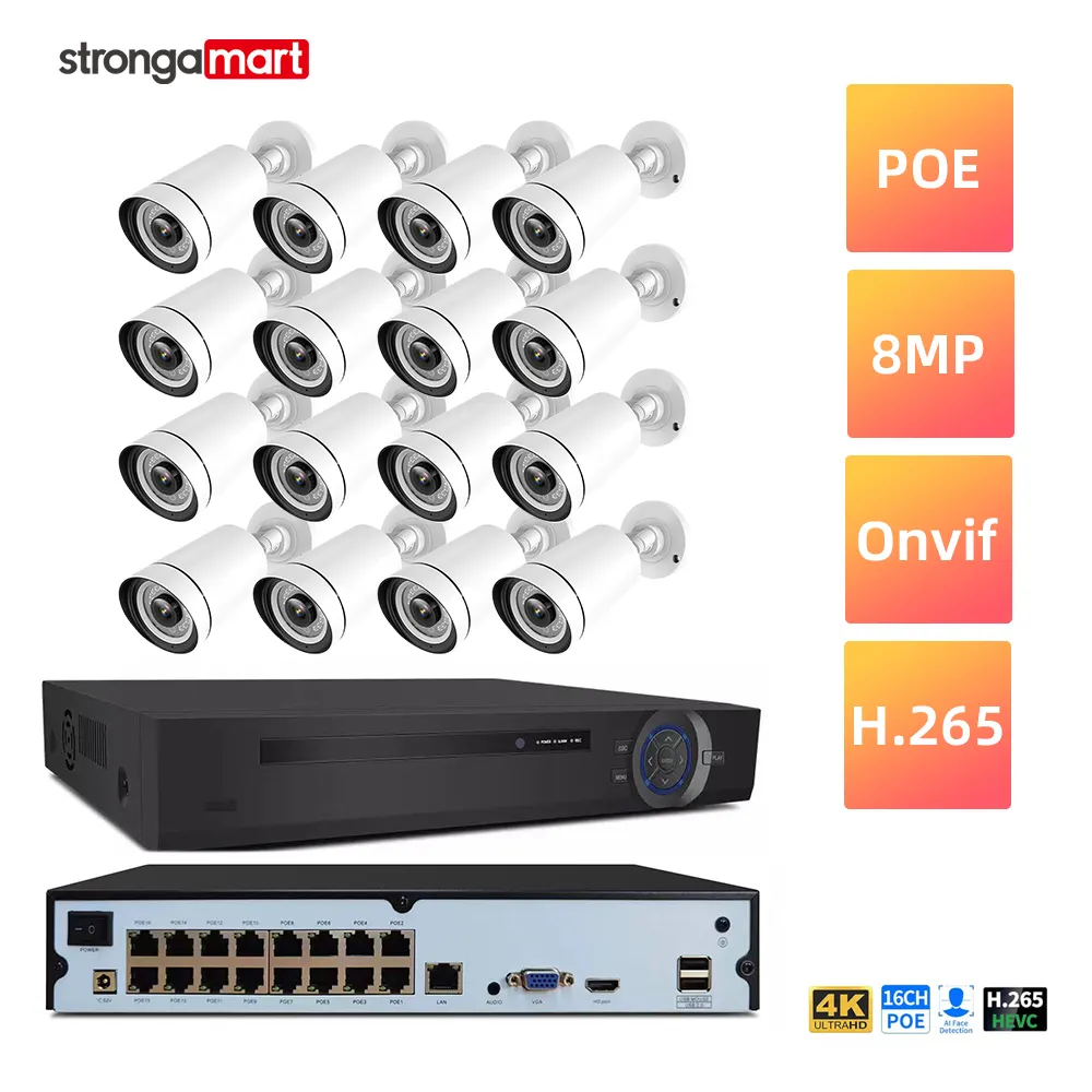 Factory 8MP 4K Full HD POE Power IP Camera CCTV AI Face Motion Detect Outdoor Waterproof Surveillance Security 16CH 8CH POE NVR