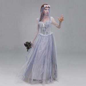 Robe de mariée fantôme pour femme, costume d'Halloween, jupe en tulle à manches longues avec voile et couronne de fleurs, déguisement fantaisie - Product Image 2