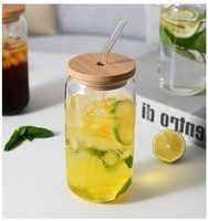 Verres à boire avec couvercles en bambou et paille en verre, lot de 4 - Verres en forme de canette de 16 oz, verres à bière, verres à café glacé, mignons