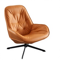 Fauteuil lounge ergonomique pivotant une place de style Mid-Century avec accoudoirs incurvés, revêtement en cuir orange capitonné et base en métal noir mat