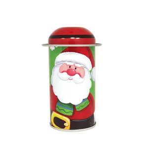 批发食品级圣诞锡罐圆形金属锡盒圣诞老人形状锡罐糖果包装