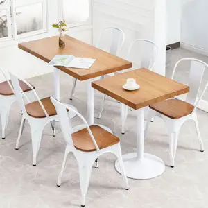 Industrial Food Court Cafe Restaurant Furniture Wooden White Iron Dining Table And 6 Chairs