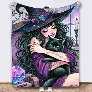 Halloween Witch Moon Night Flannel <b>Blanket</b> Rectangular Printed Polyester Cotton Home Decor Autumn Festival Style Washable - Product Image 3