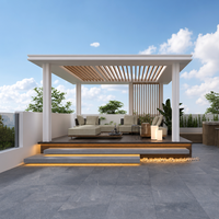 Pavillon oriental à toit rigide avec écrans en treillis métallique et table à thé pour cour et bord de piscine