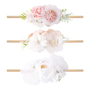 3 unids/set diadema de nailon satén quemar flores Vintage banda para el cabello flor corona diadema para bebé recién nacido