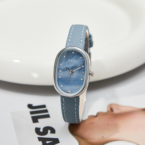 Reloj de Pulsera de Cuarzo para Mujer, con Esfera Azul Ovalada Plateada, Índices de Cristal, Correa de Cuero Azul Claro, Estilo Casual - Product Image 1