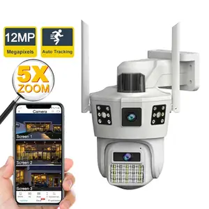 12MP 6K Outdoor WiFi Camera Three Screens 5X Zoom Motion Tracking IP PTZ Camera Home Security Protection Waterproof Surveillance