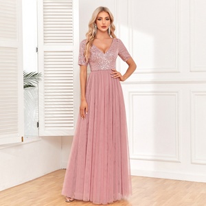 Robe de soirée élégante en tulle éco-responsable pour femmes, nouvelle robe à manches courtes, col en V avec décoration en dentelle - Product Image 4
