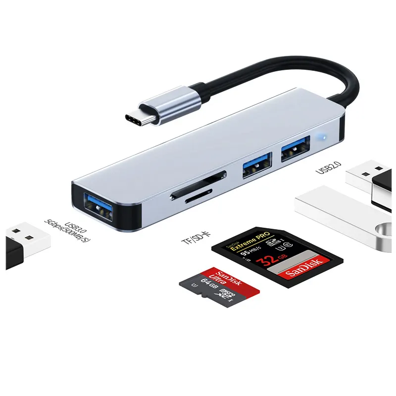 5 In 1 USB C Ke USB 3.0 Adapter dengan SD TF Card Reader Ultra Slim Tipe C Hub Data Portabel USB Port Expander untuk MacBook Pro