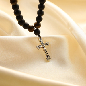 クリスチャン聖ベネディクトロザリオネックレスタイガーアイビーズ黒アゲスクロストレンドビーズブレスレットカトリックコプト - Product Image 4