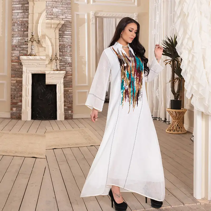 2022 सफेद सेक्विन ईद कढ़ाई महिलाओं मोरक्को दुबई तुर्की अरबी Jalabiya मुस्लिम Abaya पोशाक के लिए पार्टी शाम कपड़े