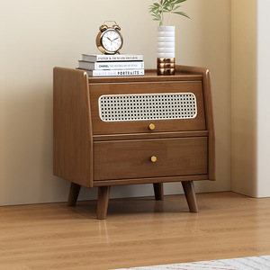 Retro Rattan <b>Bedside</b> <b>Table</b> 45cm <b>Black</b> Walnut Wood Color Storage Nightstand Bedroom Furniture - Product Image 3